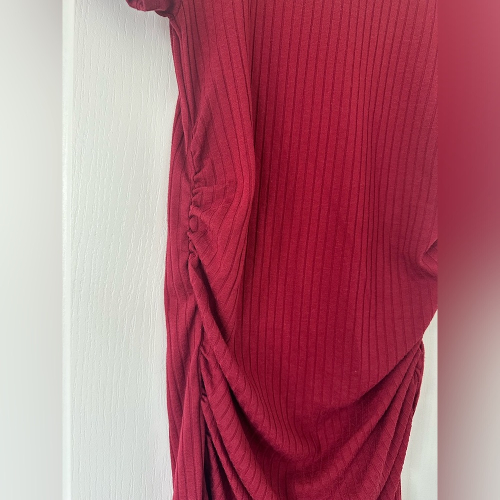 BP - Maroon Ruched Ribbed Bodycon Midi Dress - Size Medium - Picture 3 of 5